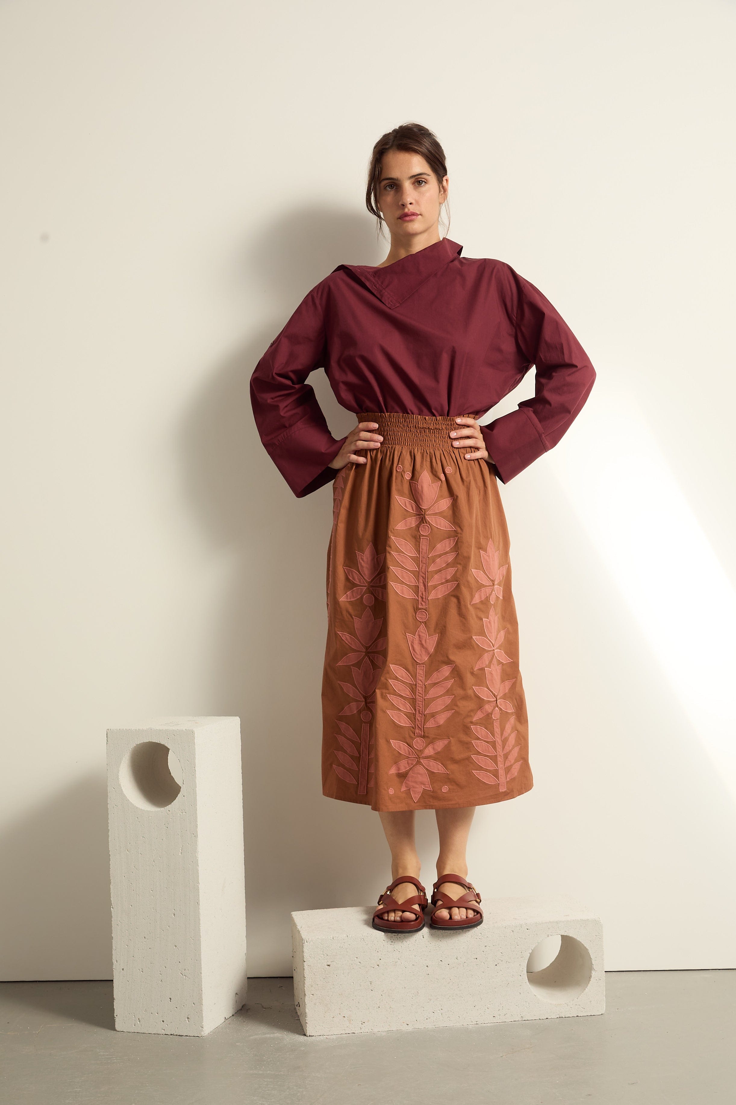 JUPE MARIANNE FLORAL - HAVANE BROWN