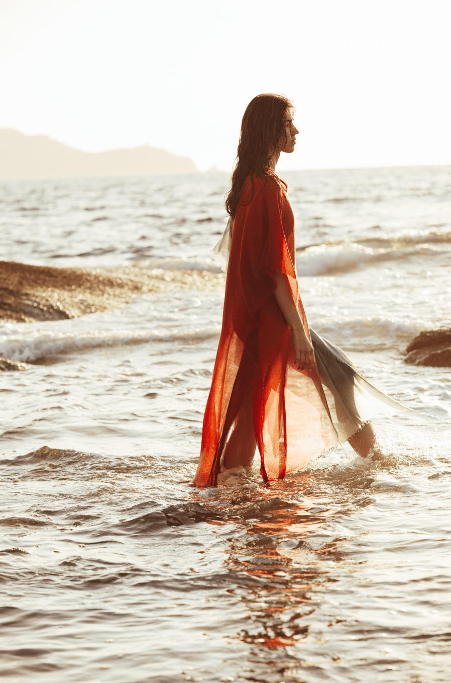 PONCHO LONG RAFAELE SUNRISE ETAMINE DE LAINE - CORAIL