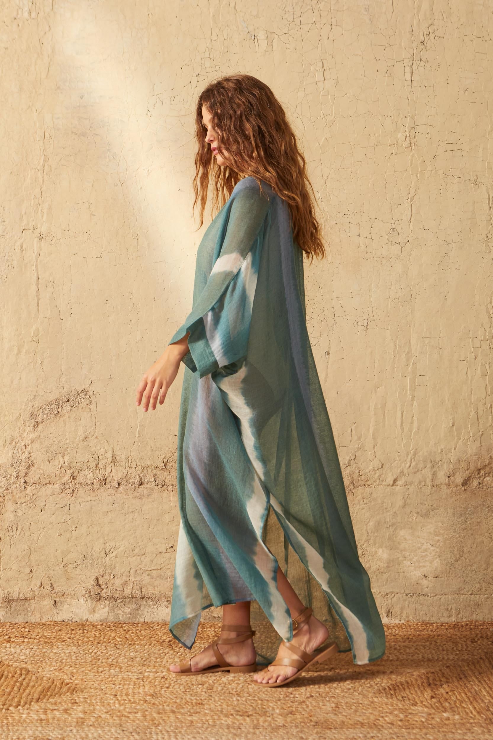 CAFETAN BELLA TIE AND DYE ETAMINE DE LAINE - LAGON GREEN