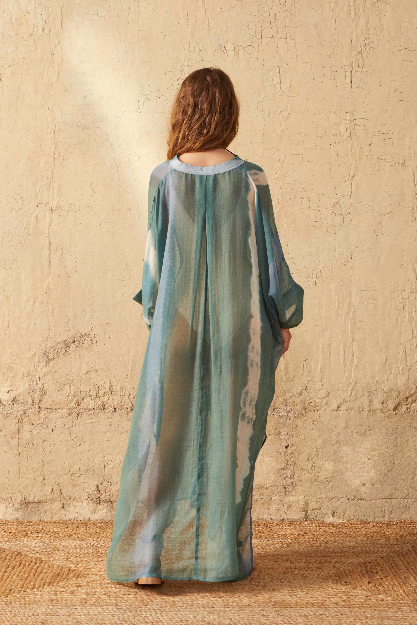 CAFETAN BELLA TIE AND DYE ETAMINE DE LAINE - LAGON GREEN