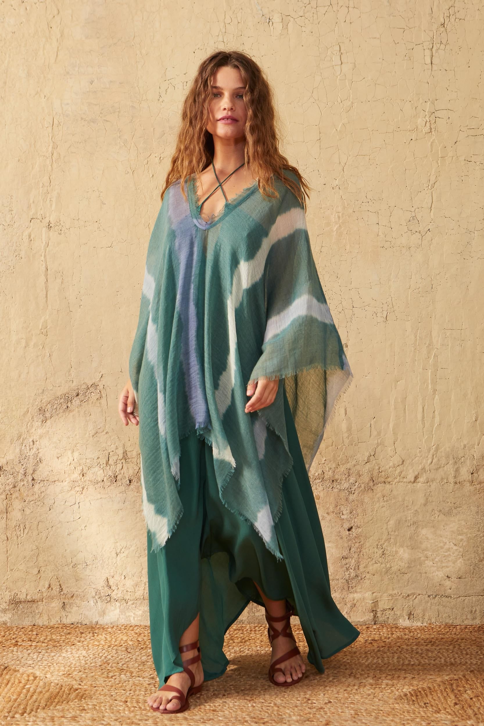 PONCHO RAFAELE TIE AND DYE ETAMINE DE LAINE - LAGON