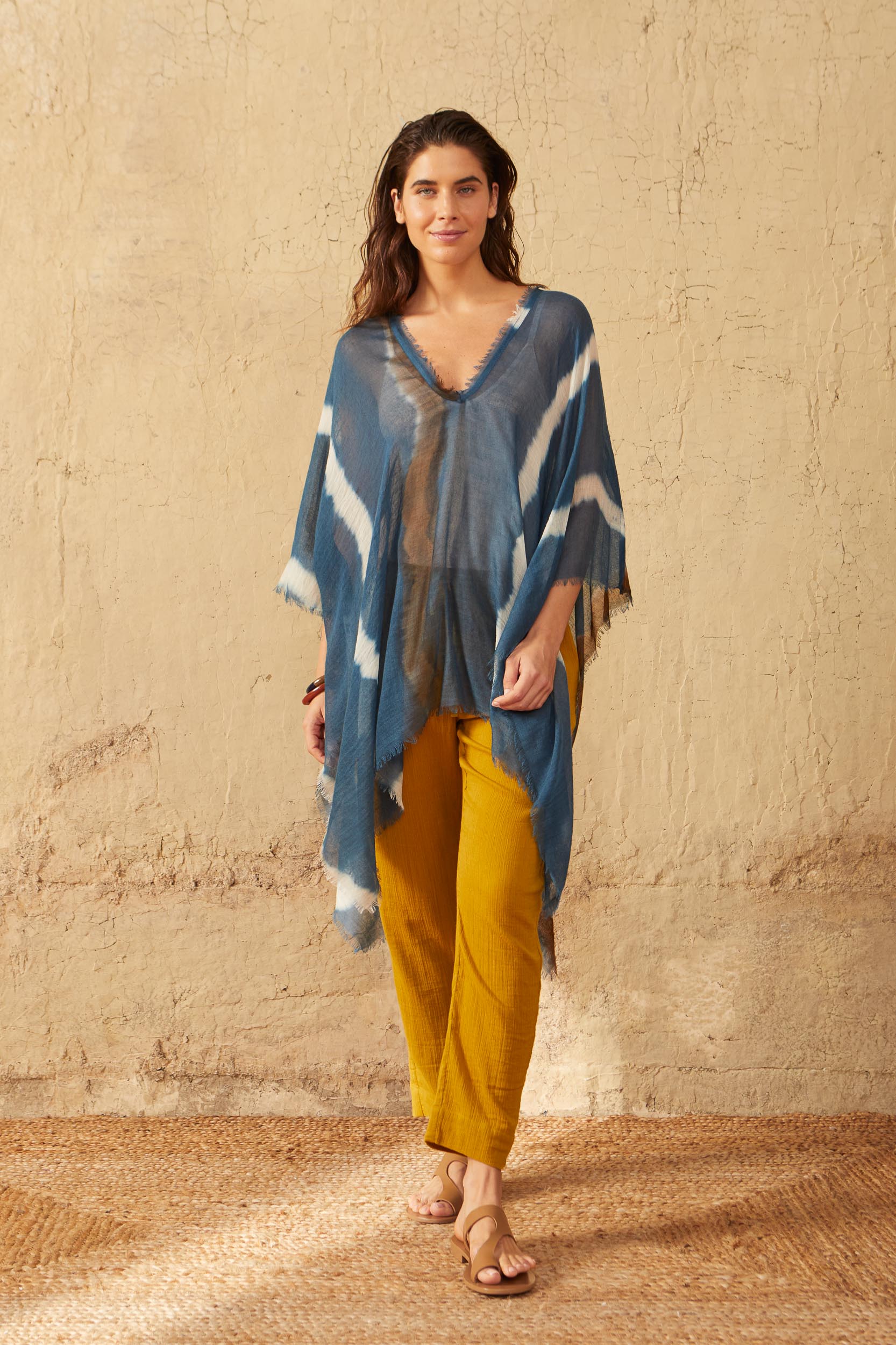 PONCHO RAFAELE TIE AND DYE ETAMINE DE LAINE - BLUE PRINT