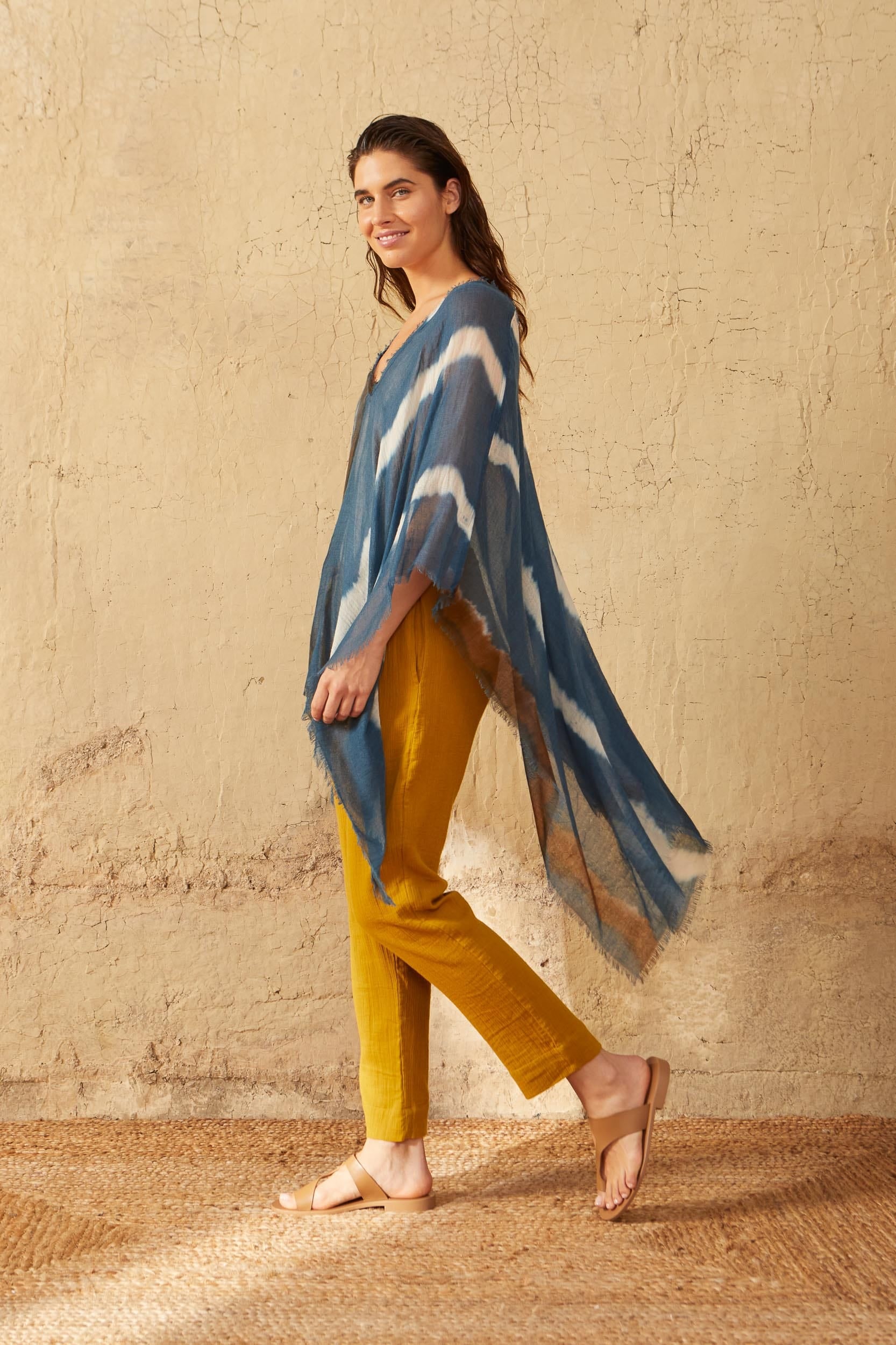 PONCHO RAFAELE TIE AND DYE ETAMINE DE LAINE - BLUE PRINT
