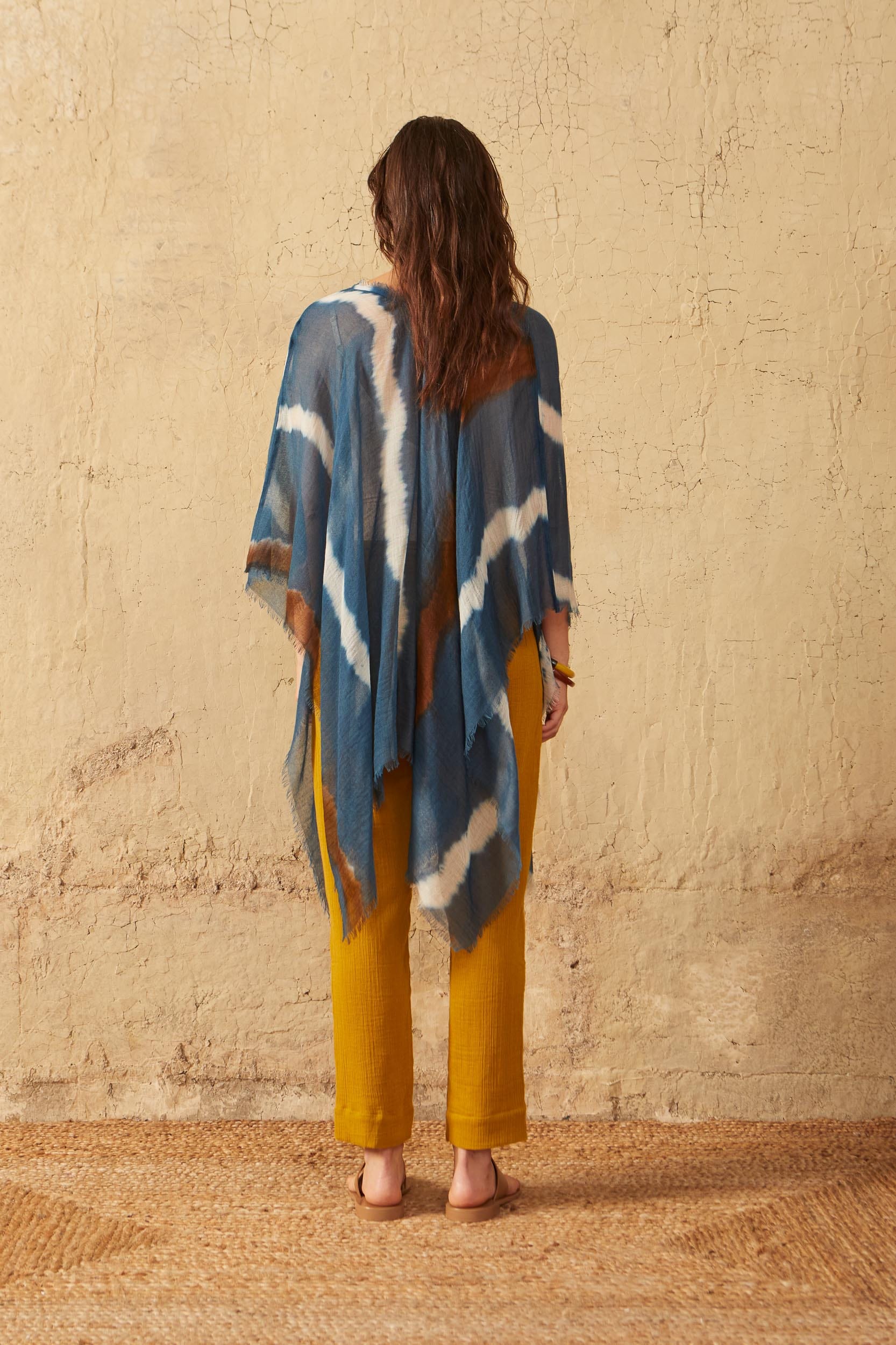 PONCHO RAFAELE TIE AND DYE ETAMINE DE LAINE - BLUE PRINT