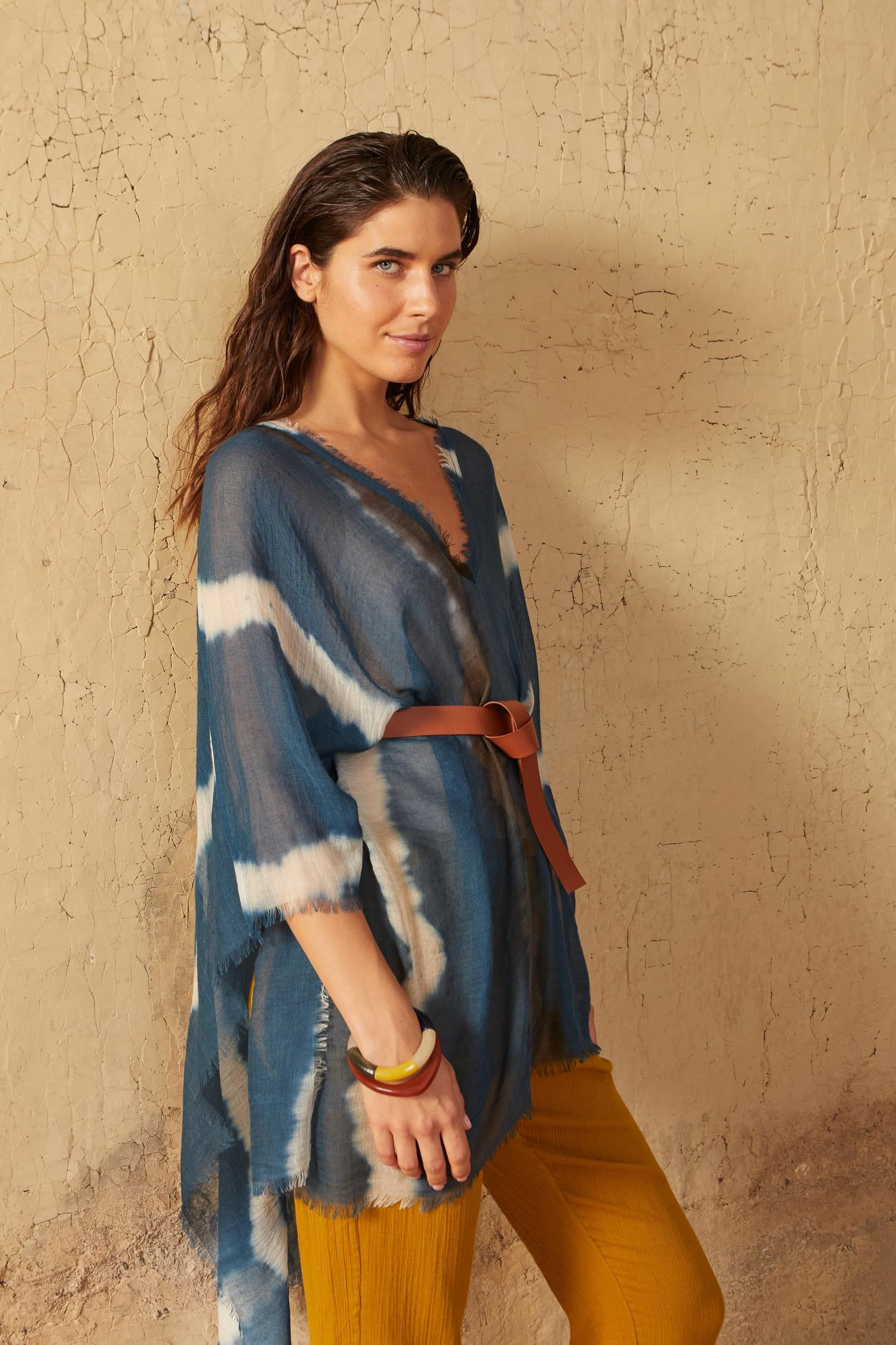 PONCHO RAFAELE TIE AND DYE ETAMINE DE LAINE - BLUE PRINT