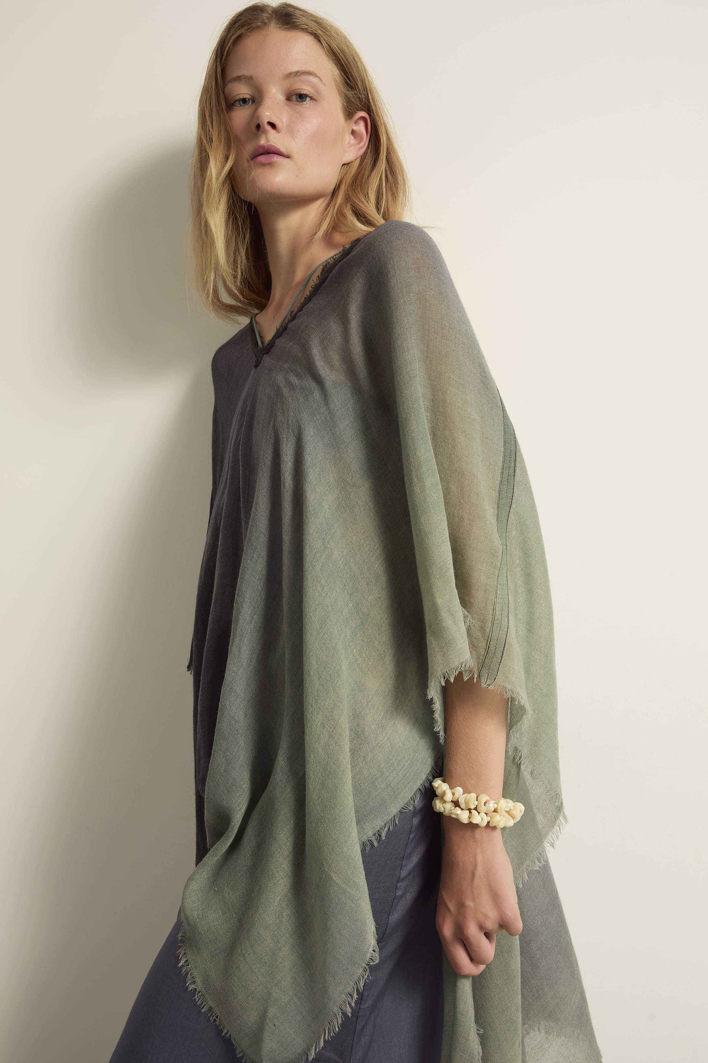 PONCHO COURT RAFAELE SUNRISE ETAMINE DE LAINE - BLUE