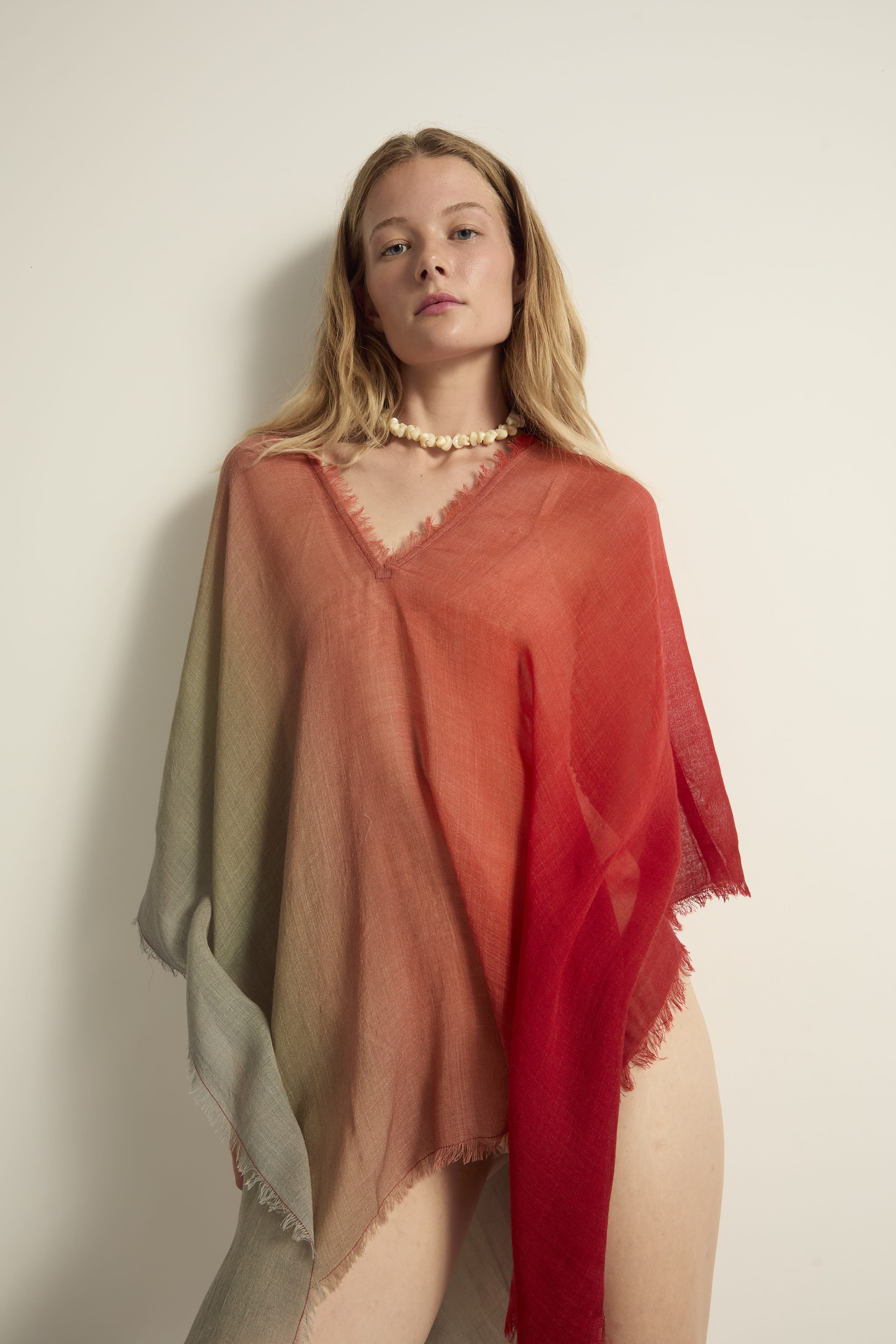 PONCHO COURT RAFAELE SUNRISE ETAMINE DE LAINE - CORAIL