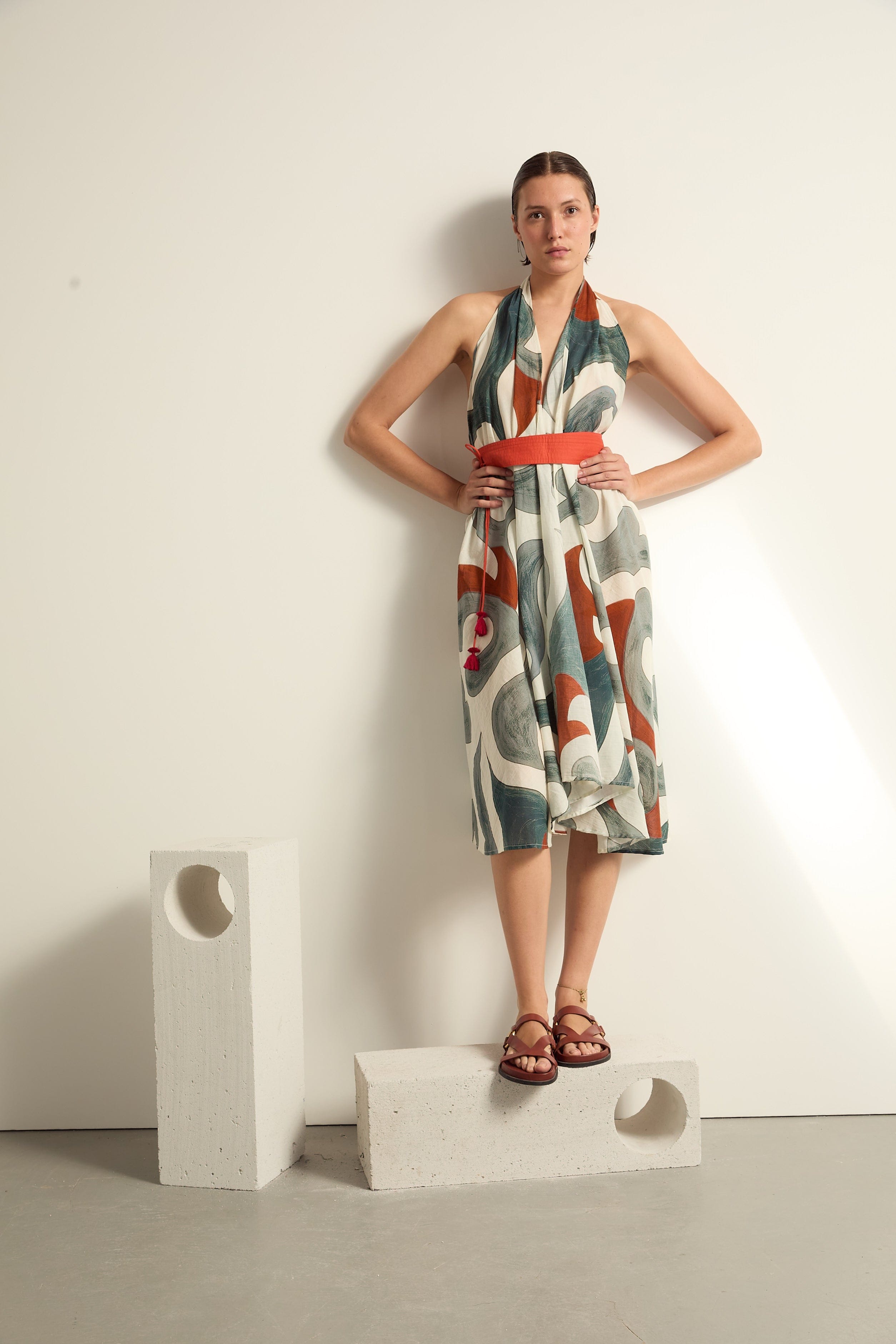 ROBE PARÉO MALIN MI-LONG ALINE IMPRIME RODEO - MINERAL BLUE