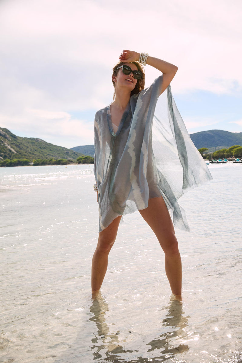 PONCHO RAFAELE TIE AND DYE ETAMINE DE LAINE - NUAGE
