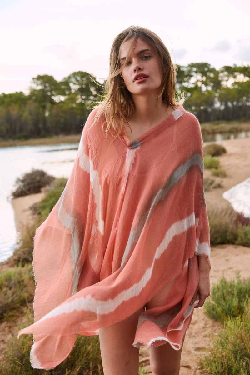 PONCHO RAFAELE TIE AND DYE ETAMINE DE LAINE - BLUSH