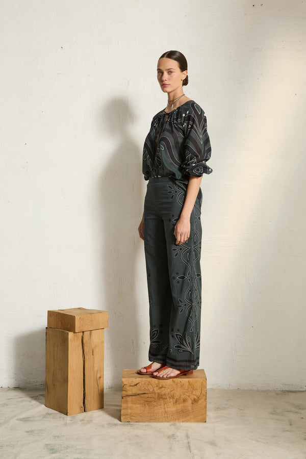 PANTALON ERIKA IMPRIME ARABESQUE - ARDOISE