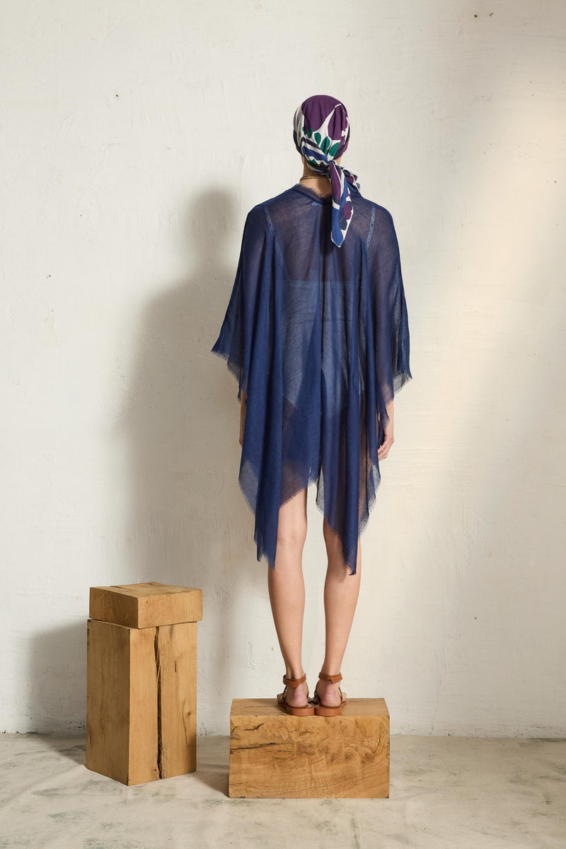 PONCHO COURT RAFAELE ETAMINE DE LAINE - CHINA BLUE