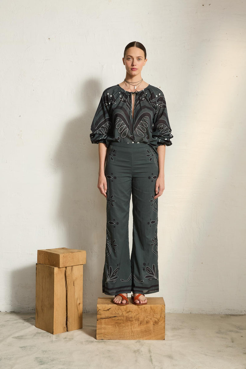 PANTALON ERIKA IMPRIME ARABESQUE - ARDOISE