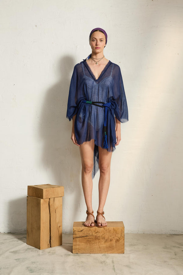PONCHO COURT RAFAELE ETAMINE DE LAINE - CHINA BLUE
