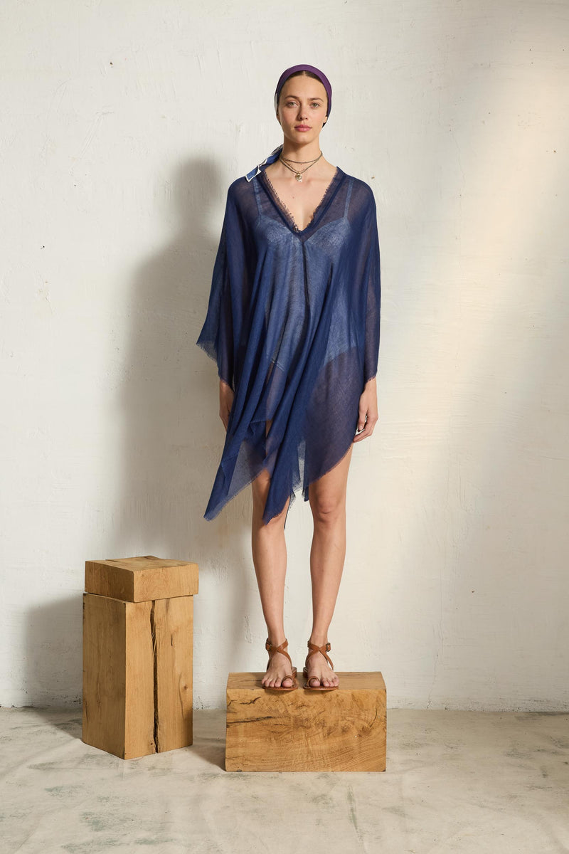 PONCHO COURT RAFAELE ETAMINE DE LAINE - CHINA BLUE