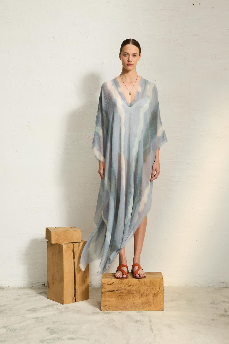 PONCHO LONG RAFAELE ETAMINE DE LAINE TIE AND DYE - LAGON