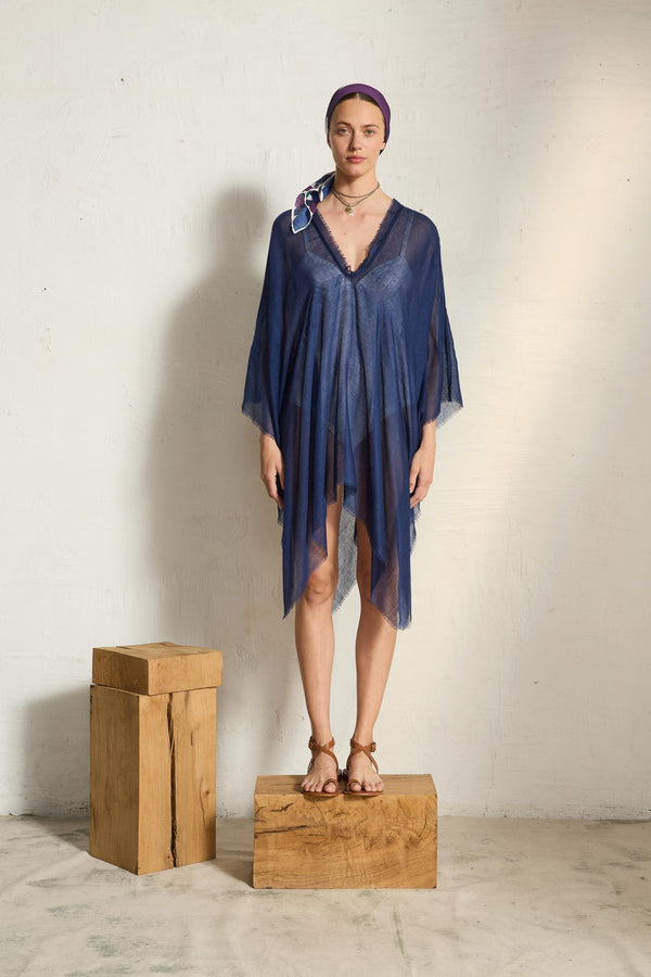 PONCHO COURT RAFAELE ETAMINE DE LAINE - CHINA BLUE