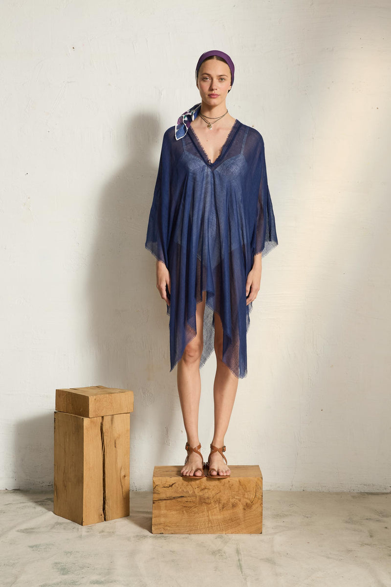 PONCHO COURT RAFAELE ETAMINE DE LAINE - CHINA BLUE