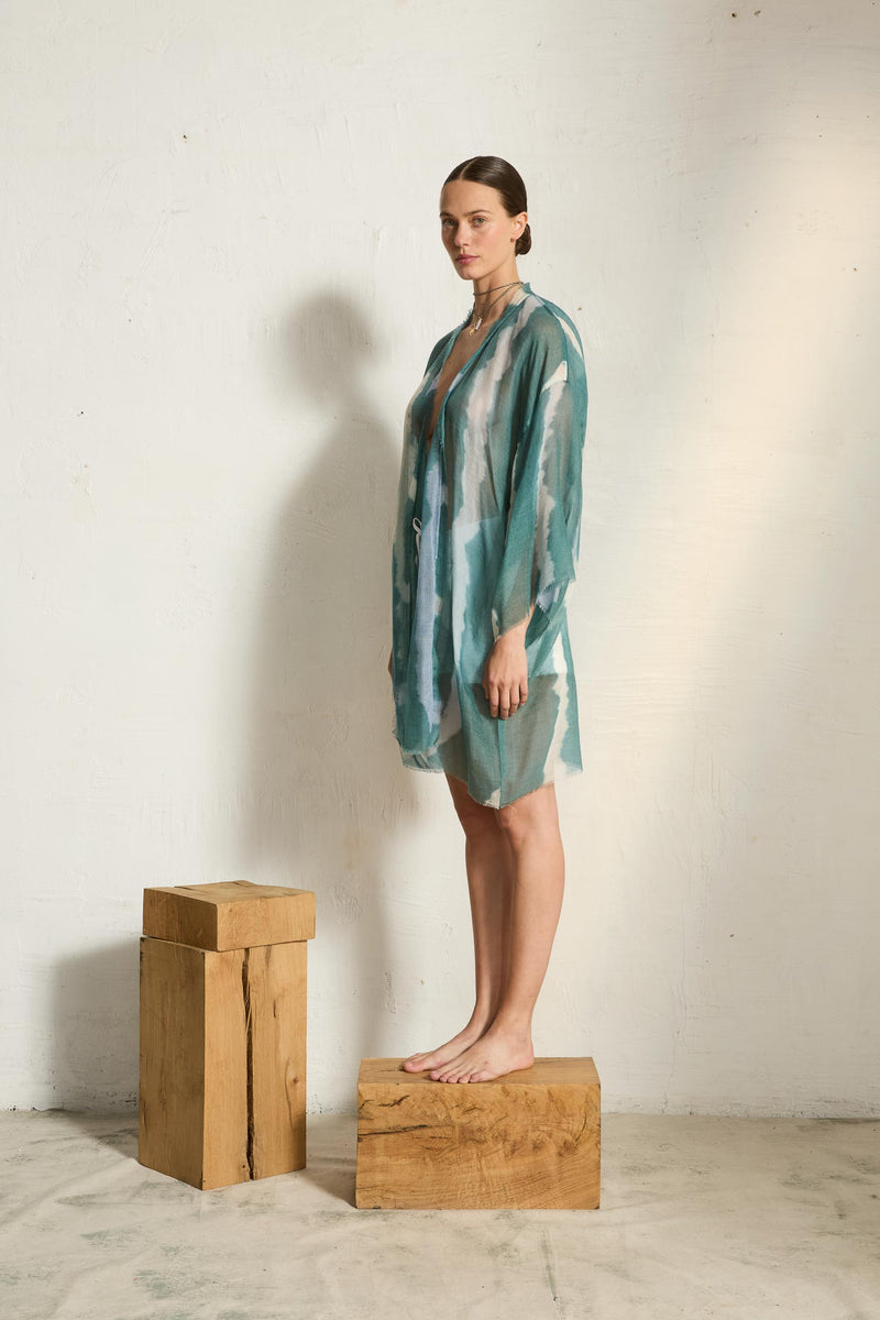 KIMONO MI-LONG RACHEL ETAMINE DE LAINE TIE AND DYE - NUAGE COMBO