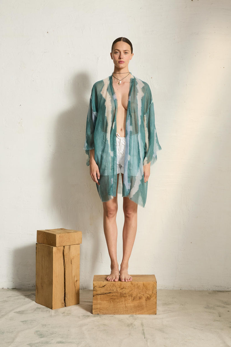 KIMONO MI-LONG RACHEL ETAMINE DE LAINE TIE AND DYE - NUAGE COMBO