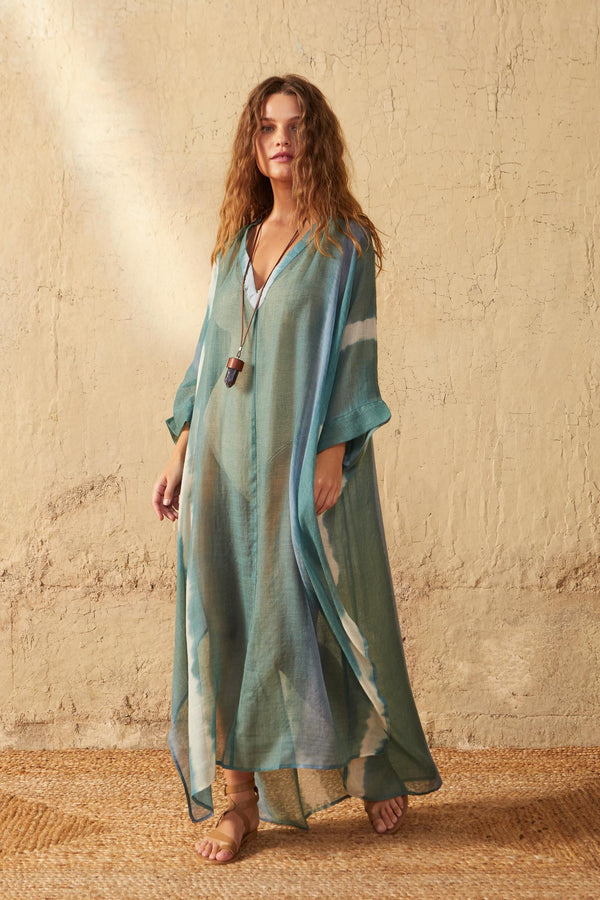 BELLA TIE AND DYE WOOL SILK CAFETAN - LAGON GREEN