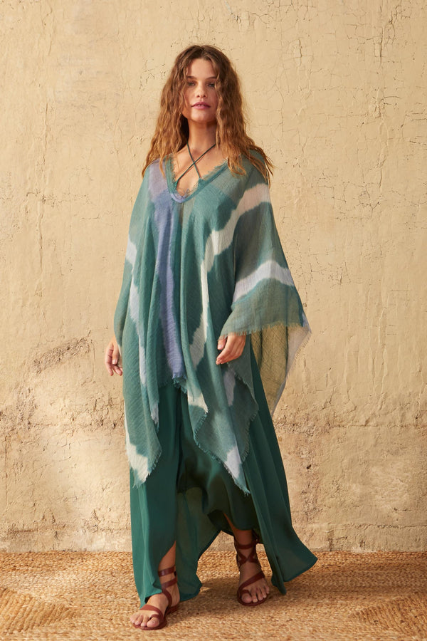 PONCHO RAFAELE TIE AND DYE ETAMINE DE LAINE - LAGON
