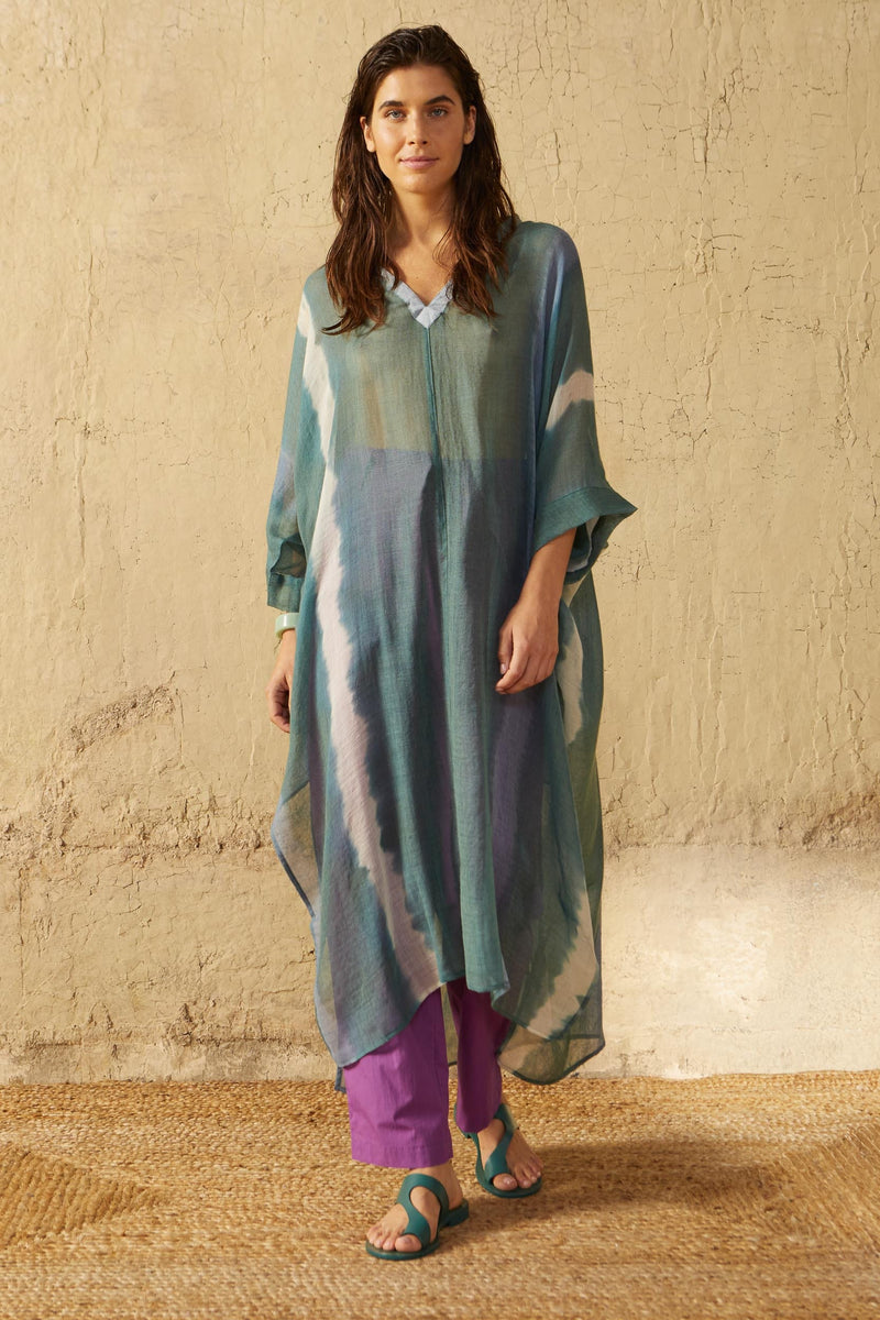 BELLA TIE AND DYE WOOL SILK CAFETAN - LAGON GREEN