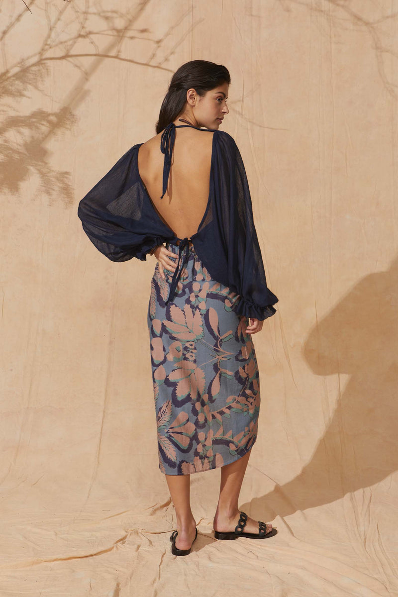 JUPE BERYL IMPRIMÉ TROPICAL - DUSTY BLUE