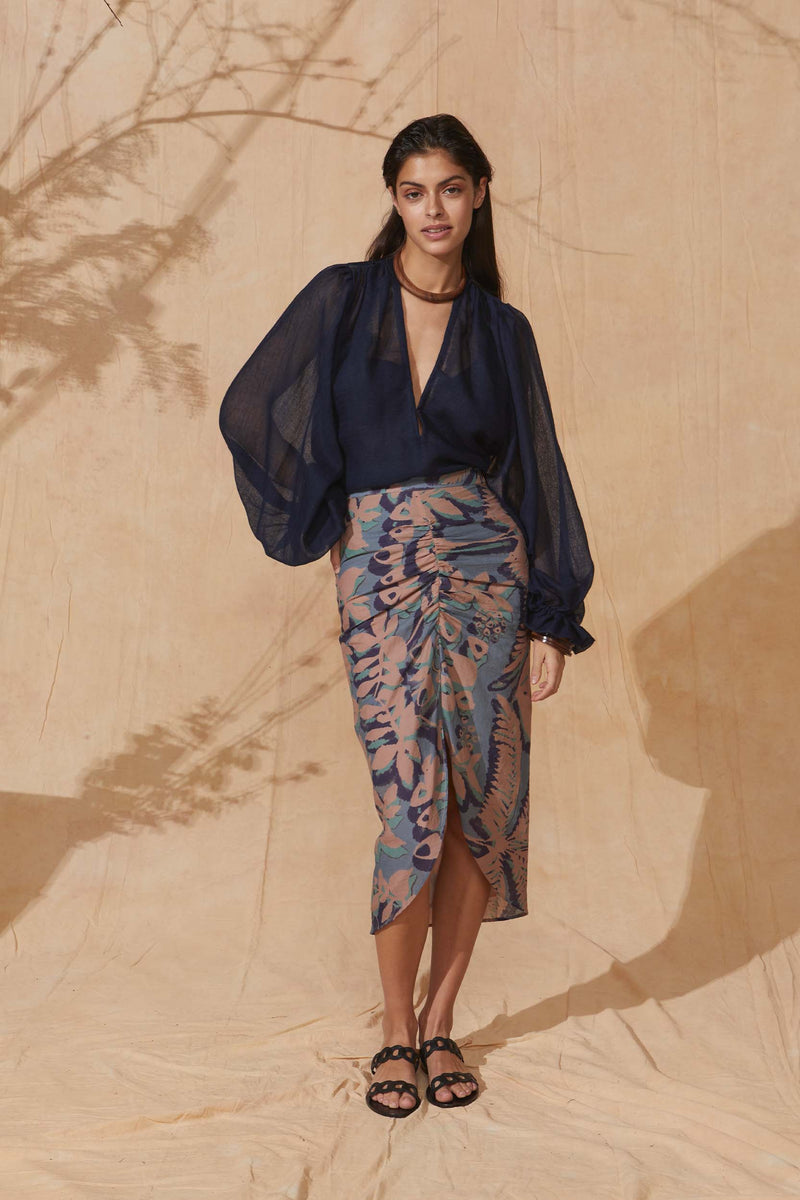 JUPE BERYL IMPRIMÉ TROPICAL - DUSTY BLUE