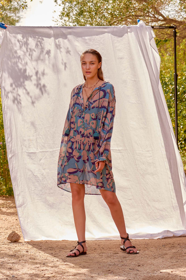 ROBE GERALDINE IMPRIMÉ TROPICAL - DUSTY BLUE
