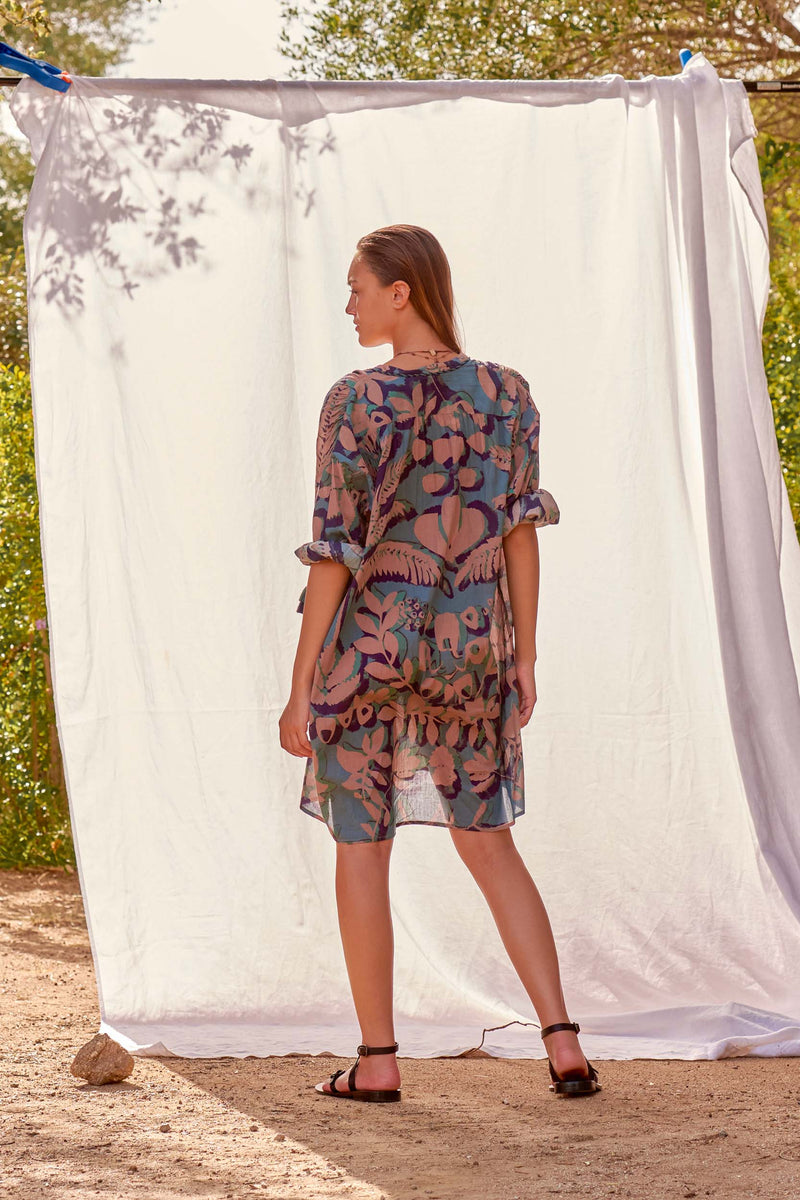 ROBE GERALDINE IMPRIMÉ TROPICAL - DUSTY BLUE