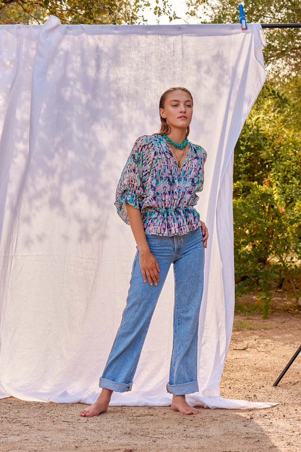 BLOUSE DIVYA SOIE IMPRIMÉ PATCH - LILAC